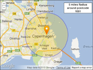 Denmark postcodes within a radius